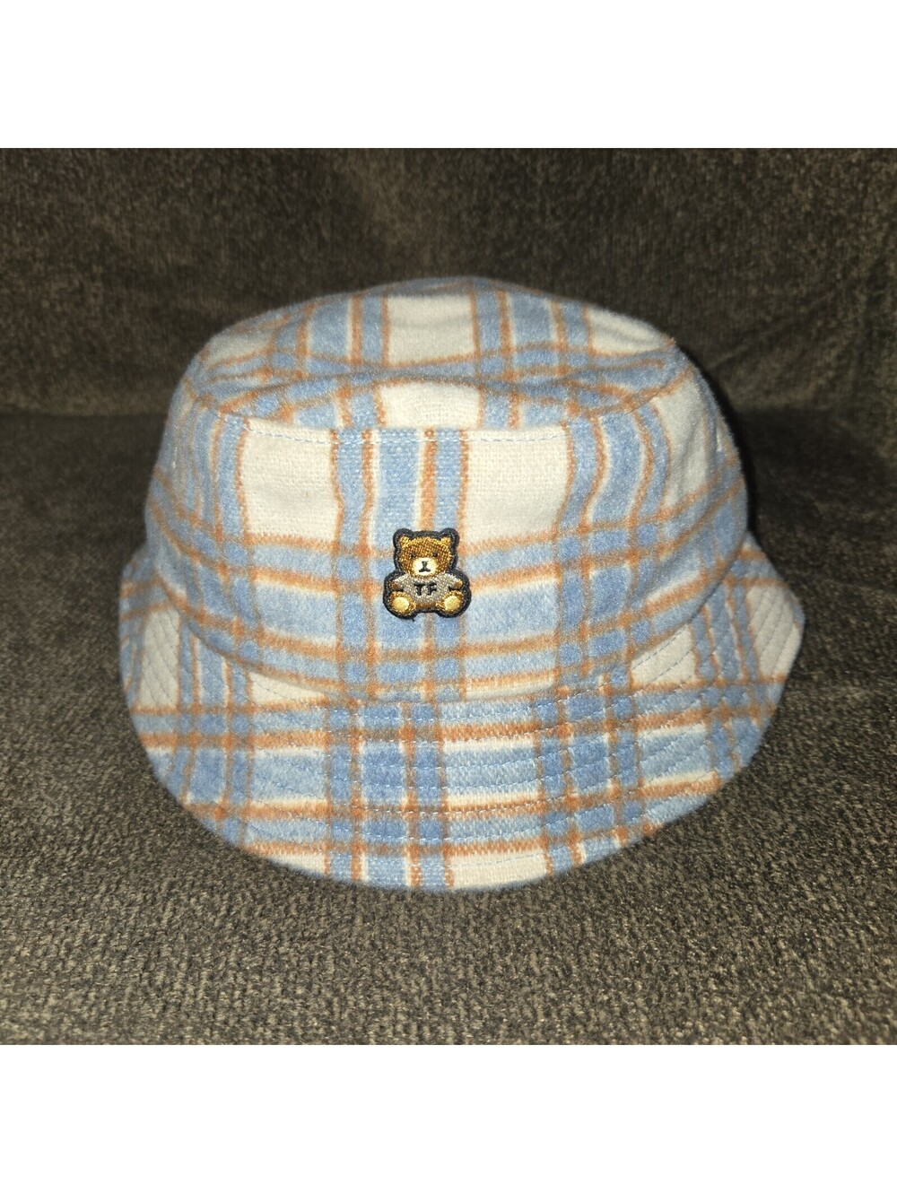 EUC Adults Teddy Fresh Wooly Plaid Bucket Hat Blue Orange Cream Cap OSFM